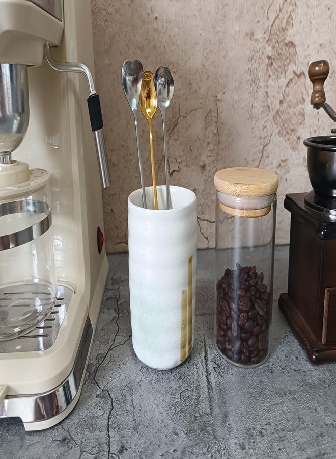 TOPYOKK Stoneware Coffee Bar Utensil Holder Tea & Coffee Spoon & Stirrer Holder for Stir Stick Straw Teaspoon Holder Spoon Cup Small Utensil Jar (Spring Sprout) - Image 2